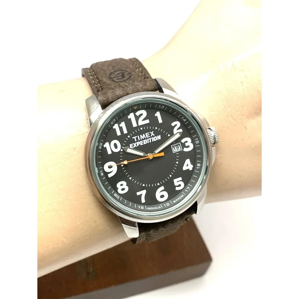 Timex Men's Watch T44921 Expedition Quartz Indiglo Black Dial Brown Leather 40mm